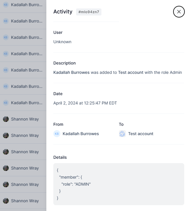 A screenshot showing the "Details" side bar on an activity in the activity log.
