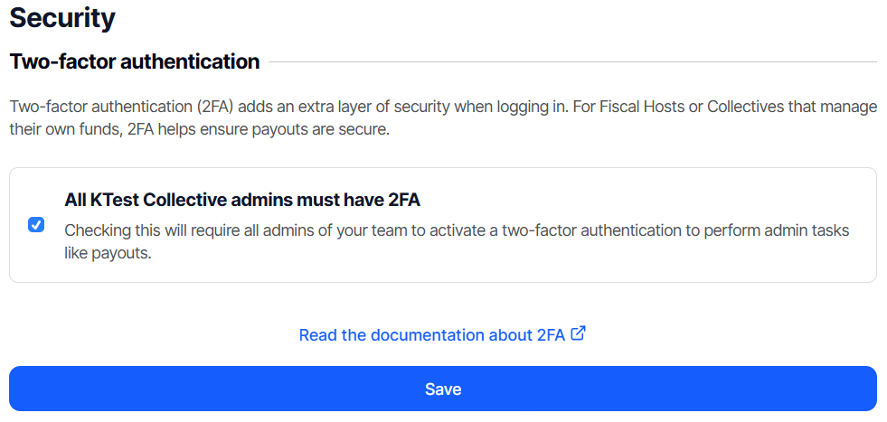 Screenshot of a Collective's Security page with two-factor authentication enabled.